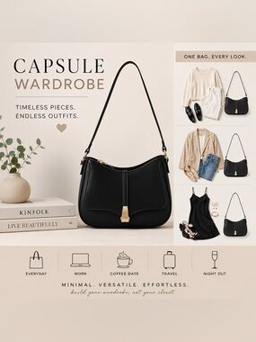 Black Vegan Leather Shoulder Bag | Gold Hardware| Adjustable Strap| Everyday Bag